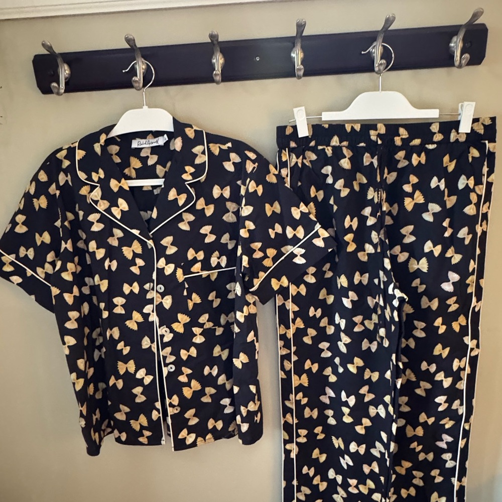 Rachel Antonoff Black Pajama Top with Gold Bow Pasta Print
